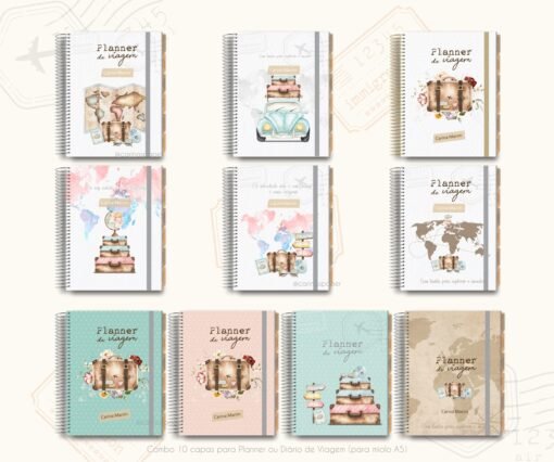 COMBO 10 capas digitais para Planner ou Diário de Viagem (para miolo A5)
