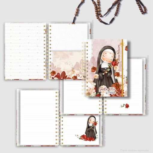 Kit 5 Miolos cadernos A5 + 8 bolsos + cartela adesivo Santa Rita de Cássia | Parceria Via Maria Atelier