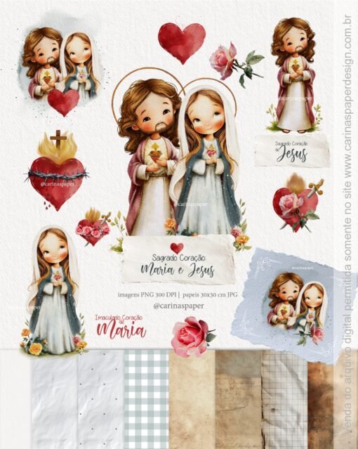 Kit Digital Ilustrações Sagrado Coração: Maria e Jesus