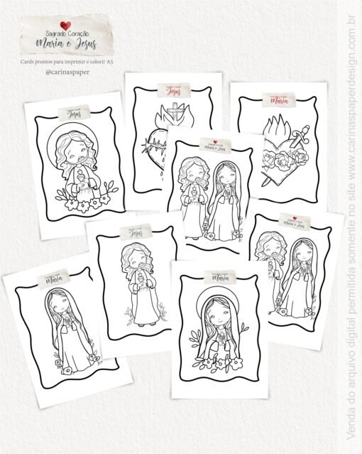 Kit Pronto para Imprimir: Cards A5 Sagrado Coração: Maria e Jesus - Imagem 3