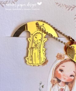 Coleção Marcador clip de acrílico Santinhos 5 cm + Tag coração FÉ (6 peças para 3 marcadores com tag) - Escolha o modelo - Nossa Senhora de Fátima, Espelhado Dourado