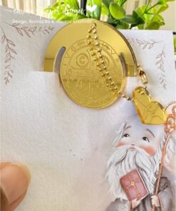 Coleção Marcador clip de acrílico Santinhos 5 cm + Tag coração FÉ (6 peças para 3 marcadores com tag) - Escolha o modelo - Medalha de São Bento, Espelhado Dourado