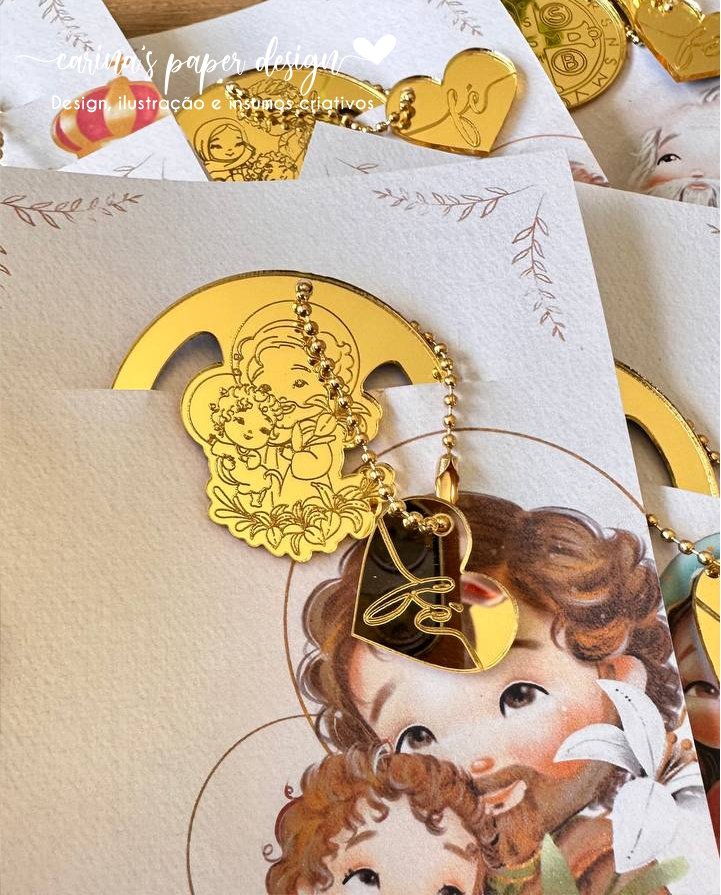 Coleção Marcador clip de acrílico Santinhos 5 cm + Tag coração FÉ (6 peças para 3 marcadores com tag) - Escolha o modelo - Imagem 5